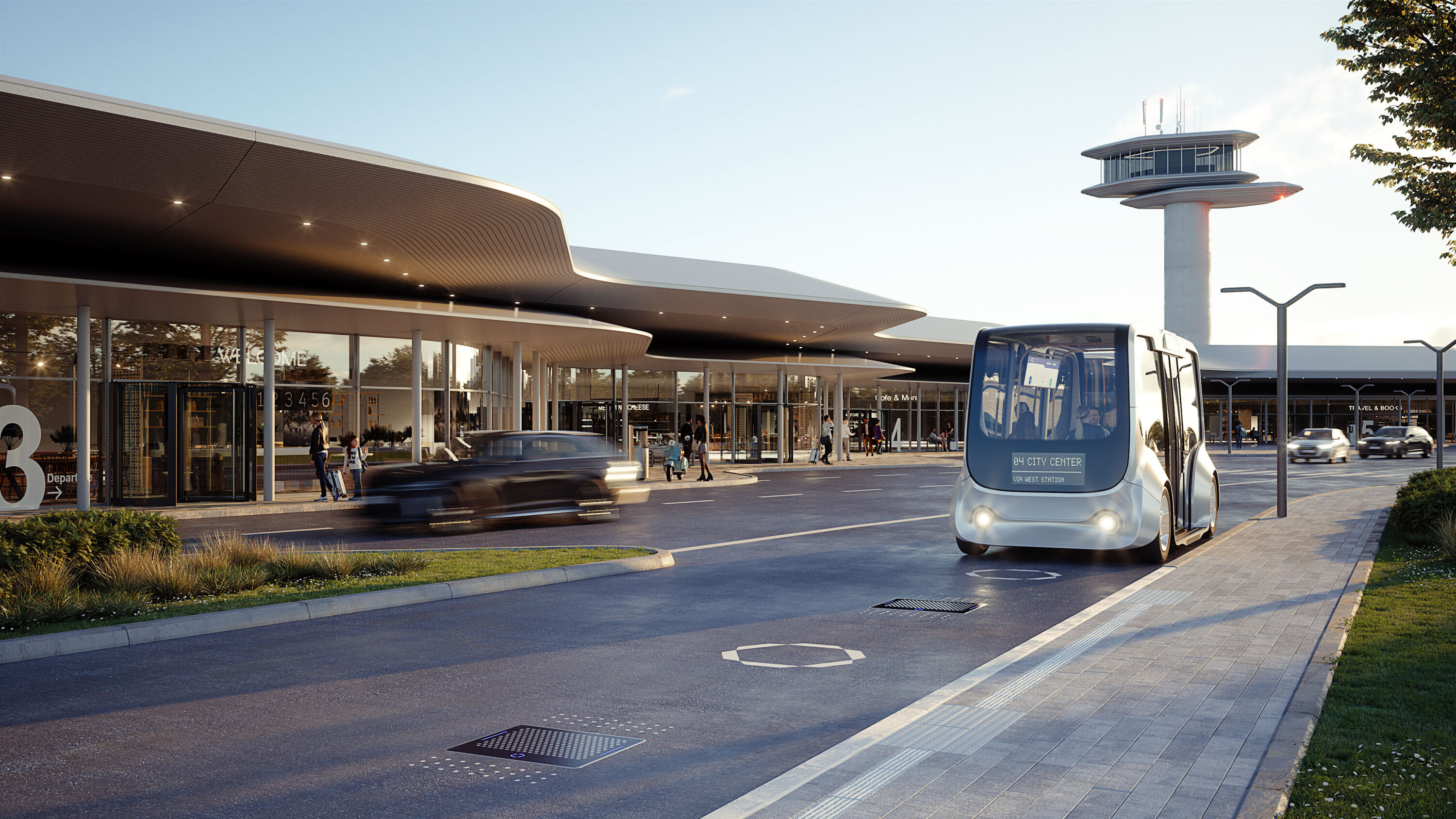 Moderne Stadt, in der ein kleiner Elektro-Bus unterwegs ist.