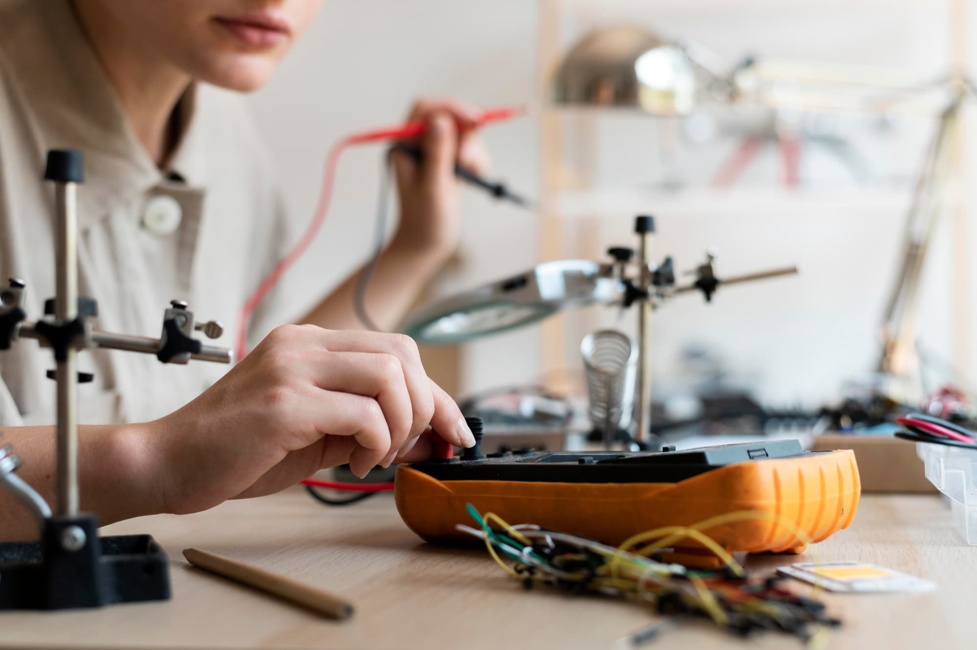 Junge Frau ist in technischem Labor beschäftigt