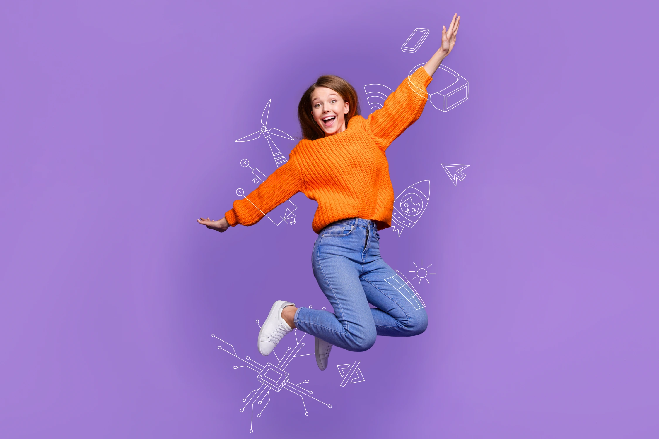 Sujet von Girls! TECH UP: Darauf zu sehen ist ein Mädchen im Teenager-Alter mit einem orangefarbenen Pullover, einer hellblauen Jeans und weißen Turnschuhen. Sie springt in die Luft und streckt die Arme dabei zur Seite. Ihr Blick ist freudig. Der Hintergrund ist lila. Drauf zu sehen sind ein paar feine, weiße Kritzeleien, wie zum Beispiel ein kleines Windrad, eine kleine Rakete mit einer Katze darin, das WLAN-Symbol und ein Mauspfeil.