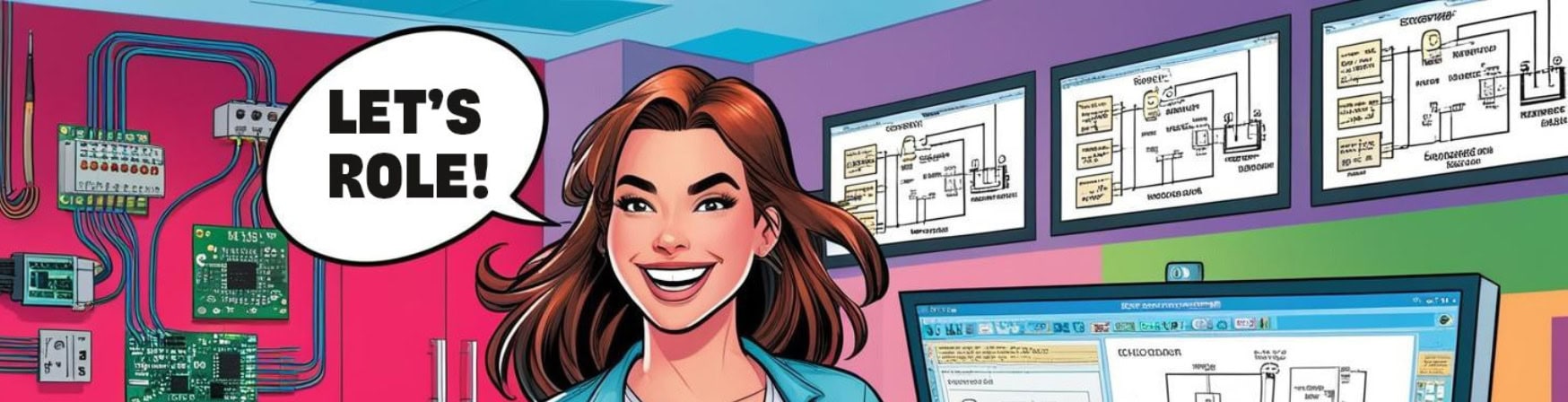KI-erstelltes Comic-Bild für den Role Model-Award 2025: Im Vordergrund ist eine Frau zu sehen, die lächelt. Im Hintergrund rechts sind vier Bildschirme, auf denen Schaltpläne zu sehen sind. In einer Sprechblase steht "Let's role!". Links an der Wand sind Kabel und Motherboards angebracht.
