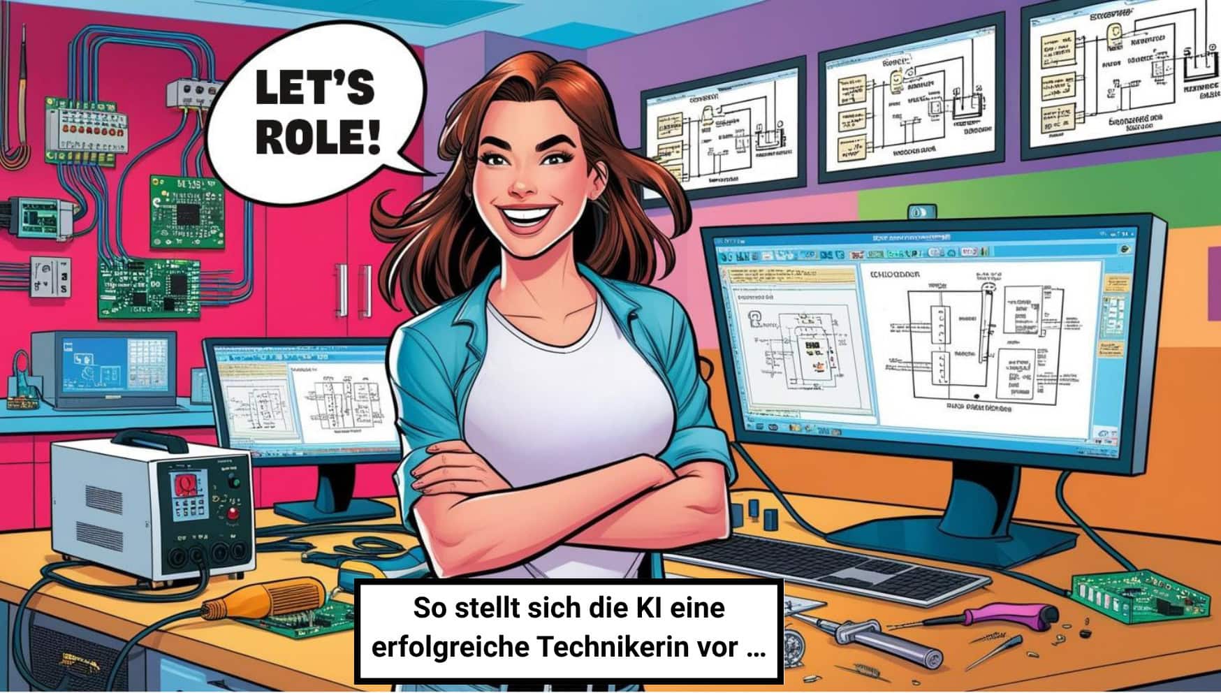 KI-erstelltes Comic-Bild für den Role Model-Award 2025: Im Vordergrund ist eine Frau zu sehen, die lächelt und die Arme vorm Körper verschränkt hat. Im Hintergrund sind mehrere Bildschirme, auf denen Schaltpläne zu sehen sind. In einer Sprechblase steht "Let's role!" und in einem Kasten unten "So stellt sich die KI eine erfolgreiche Technikerin vor ...". Links an der Wand sind Kabel und Motherboards angebracht.