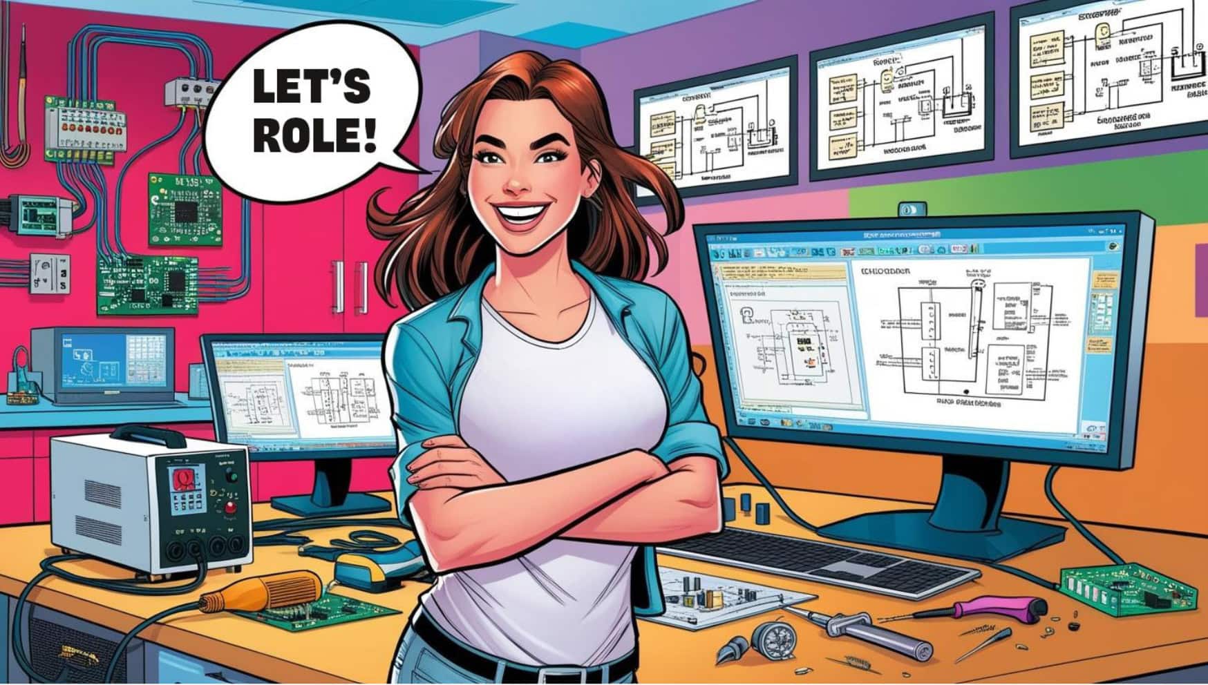 KI-erstelltes Comic-Bild für den Role Model-Award 2025: Im Vordergrund ist eine Frau zu sehen, die lächelt und die Arme vorm Körper verschränkt hat. Im Hintergrund sind mehrere Bildschirme, auf denen Schaltpläne zu sehen sind. In einer Sprechblase steht "Let's role!" und in einem Kasten unten "So stellt sich die KI eine erfolgreiche Technikerin vor ...". Links an der Wand sind Kabel und Motherboards angebracht.