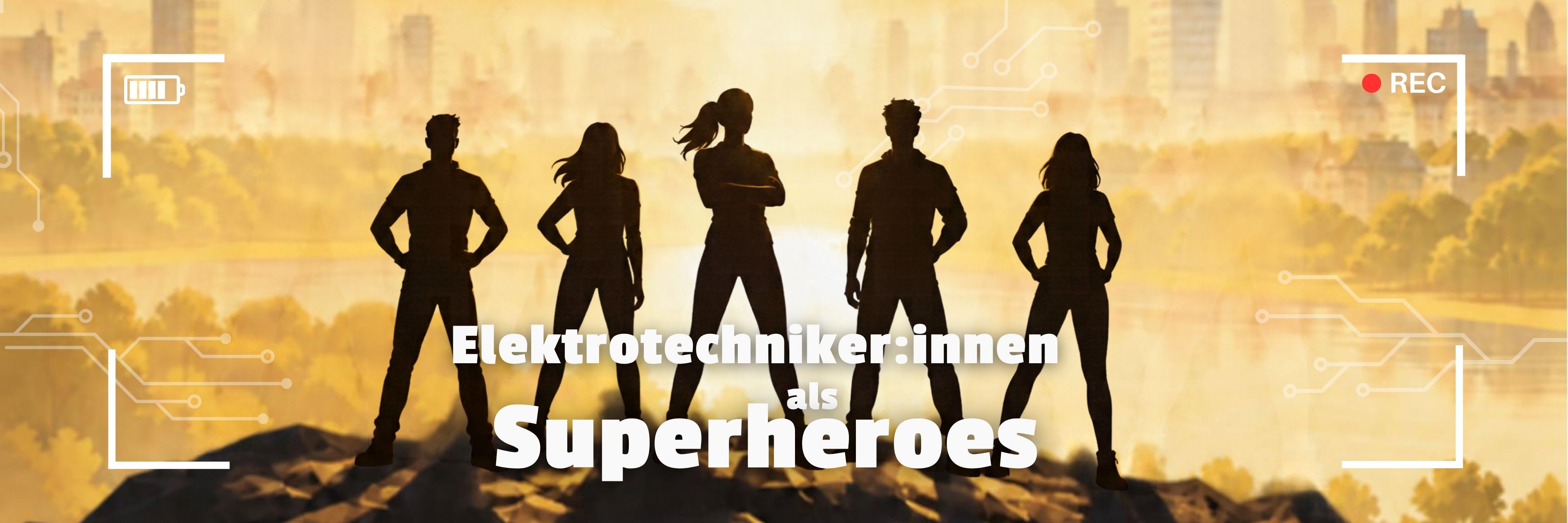 Fünf Personen stehen vor Stadt hinter Schriftzug "Elektrotechniker:innen als Superheroes"
